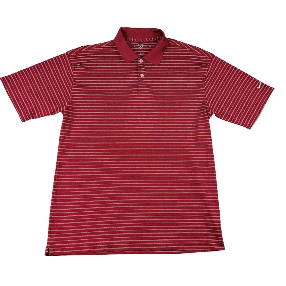 Nike Golf Polo Shirt Men's Large Red Short Sleeve Striped Preppy Fit Dry Sports